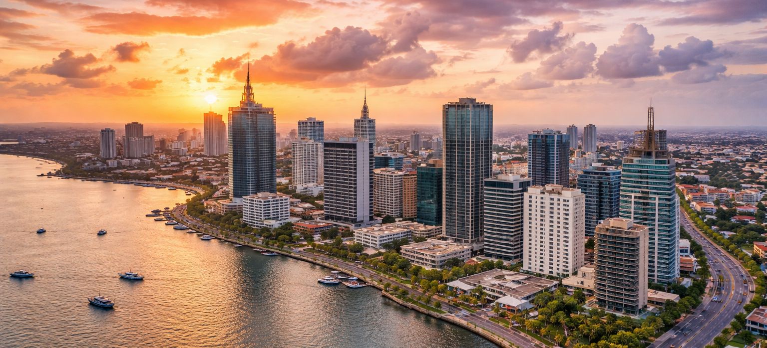 Aerial view of a city skyline and waterfront at sunset